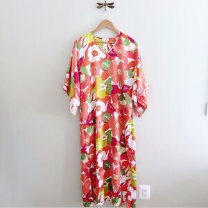 Natori Floral Satin Multicolor Maxi Kaftan Dress Small